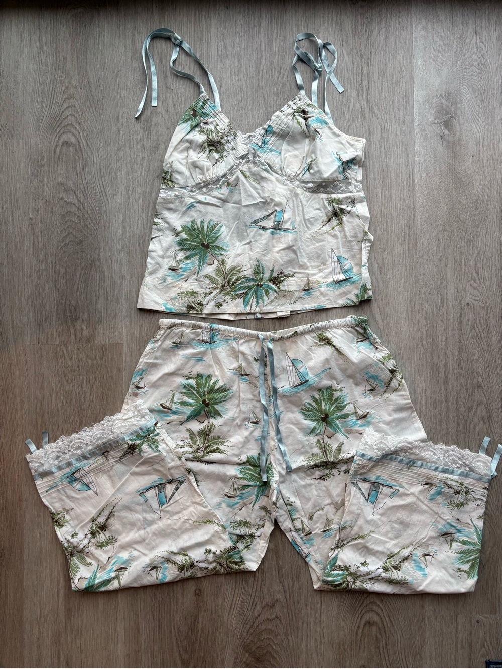 Valerie Stevens White and Teal Palm Tree & Sailboat Cami Pajama Set- 100% Cotton